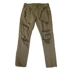 𝅺TRUE Religion Woman’s Jeans Size 26 Boyfriend Slim Mid rise Audrey Green Paint